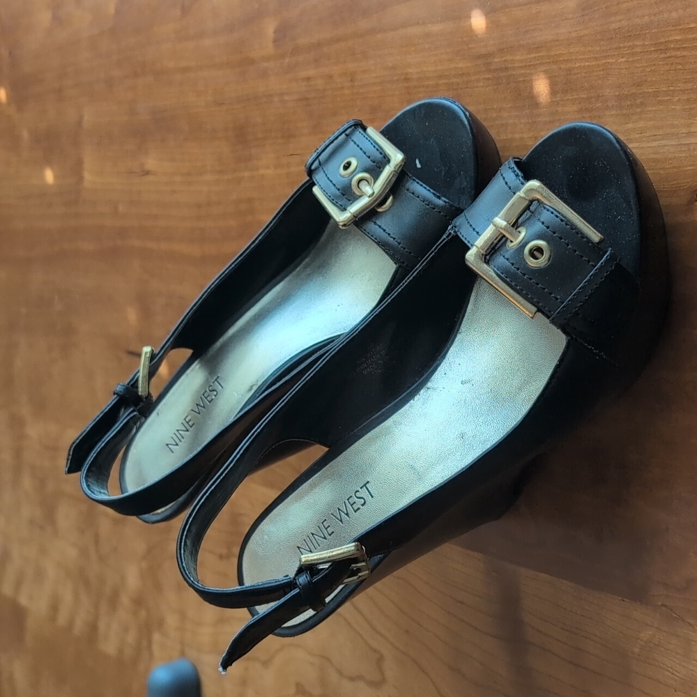 Nine West Black Wedge Sandals with Gold Buckle